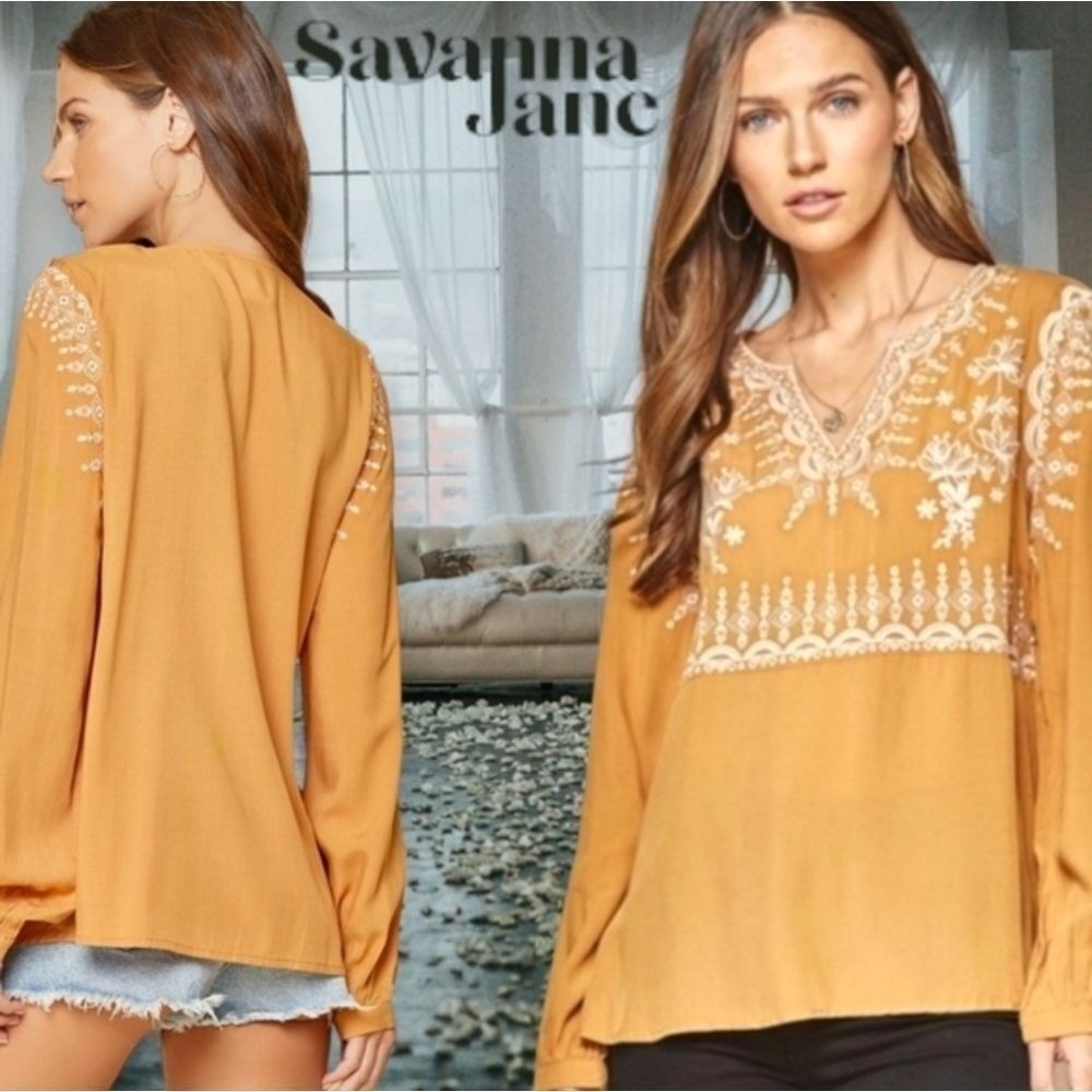 Savanna Jane Boho Embroidered Peasant Blouse L/s Tunic Notched V-neck Marigold S